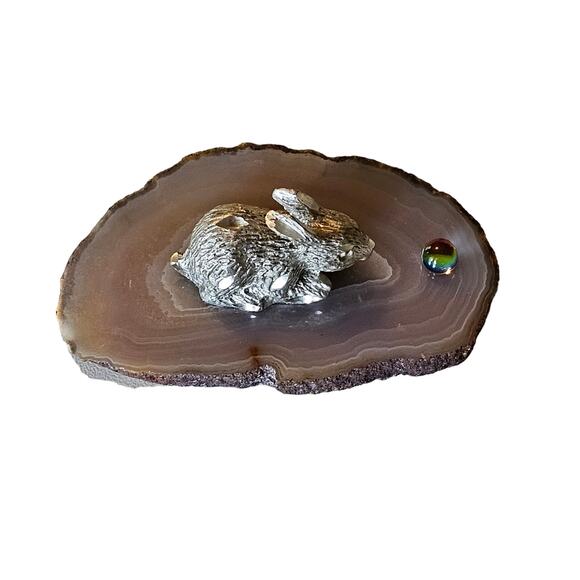 Vintage Pewter Bunny on Agate Slice Crystal with Rainbow Orb - Picture 1 of 7
